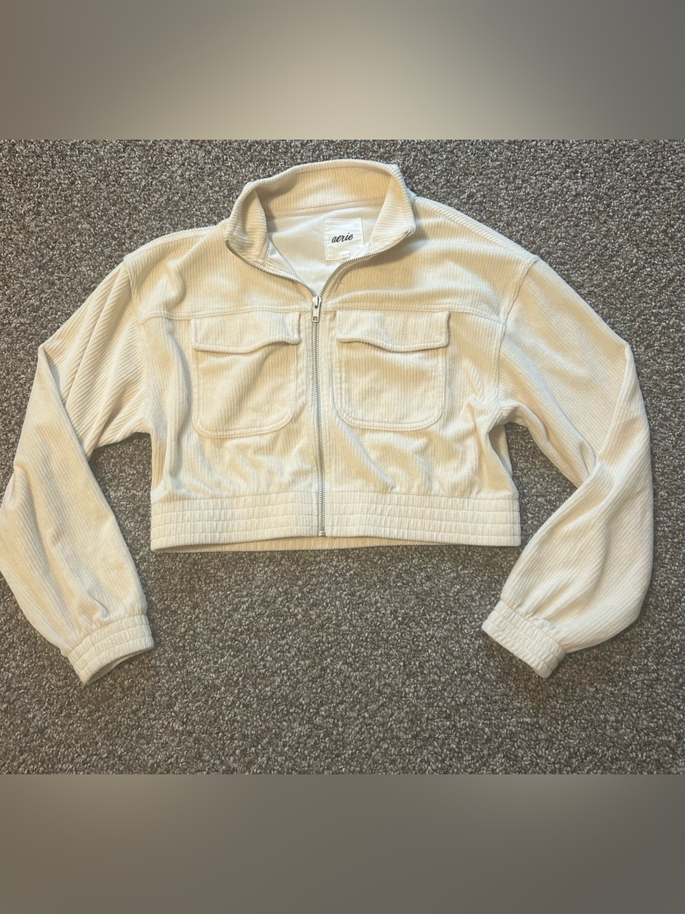 Aerie XS Cream Cropped Corduroy Zip Jacket Pockets and Ribbing. Y2K Loungewear